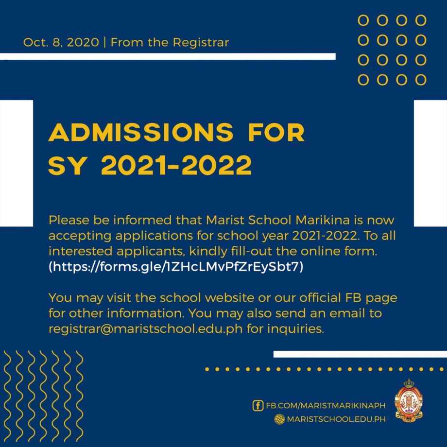 Marist Academic Calendar 2022 Marist School Is Now Accepting Applications For Sy 2021-2022 – Marist  School Marikina